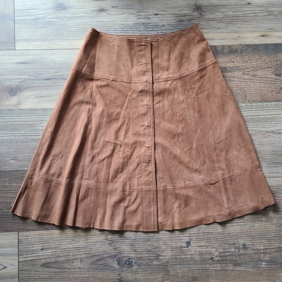 NWT Joie Mylon Brown Goat Leather Midi A Line Snap Front Skirt Womens M MSRP 595 - Picture 1 of 8
